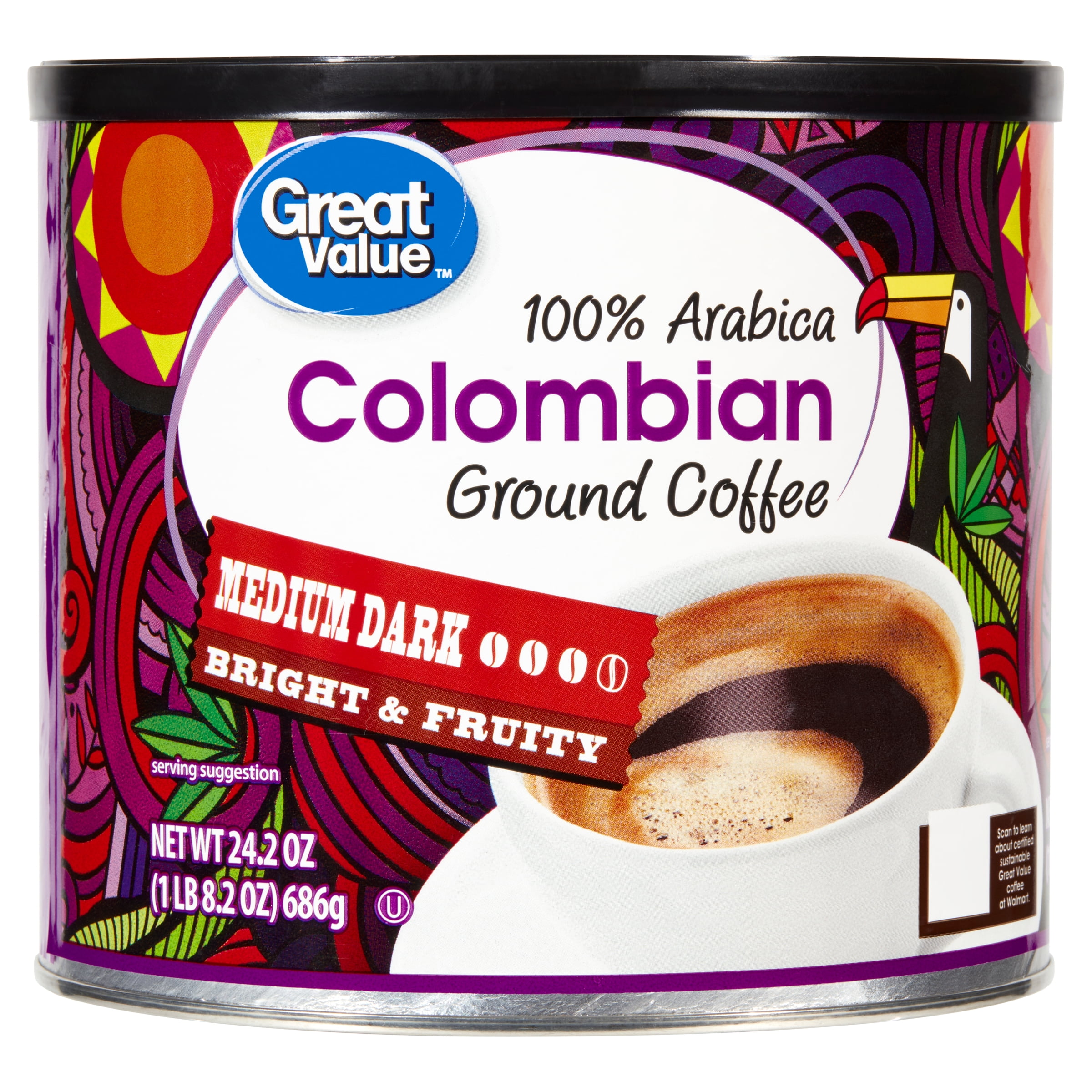 (2 pack) Great Value 100 Arabica Colombian Medium Dark Ground Coffee