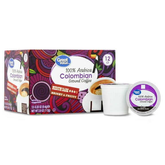 Great Value 100% Arabica Colombian Medium Dark Roast Ground Coffee Pods, 12 Ct