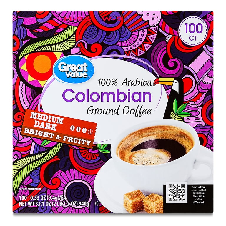 Great Value 100% Arabica Colombian Medium Dark Roast Ground Coffee Pods,  33.1 oz, 100 Count - Walmart.com