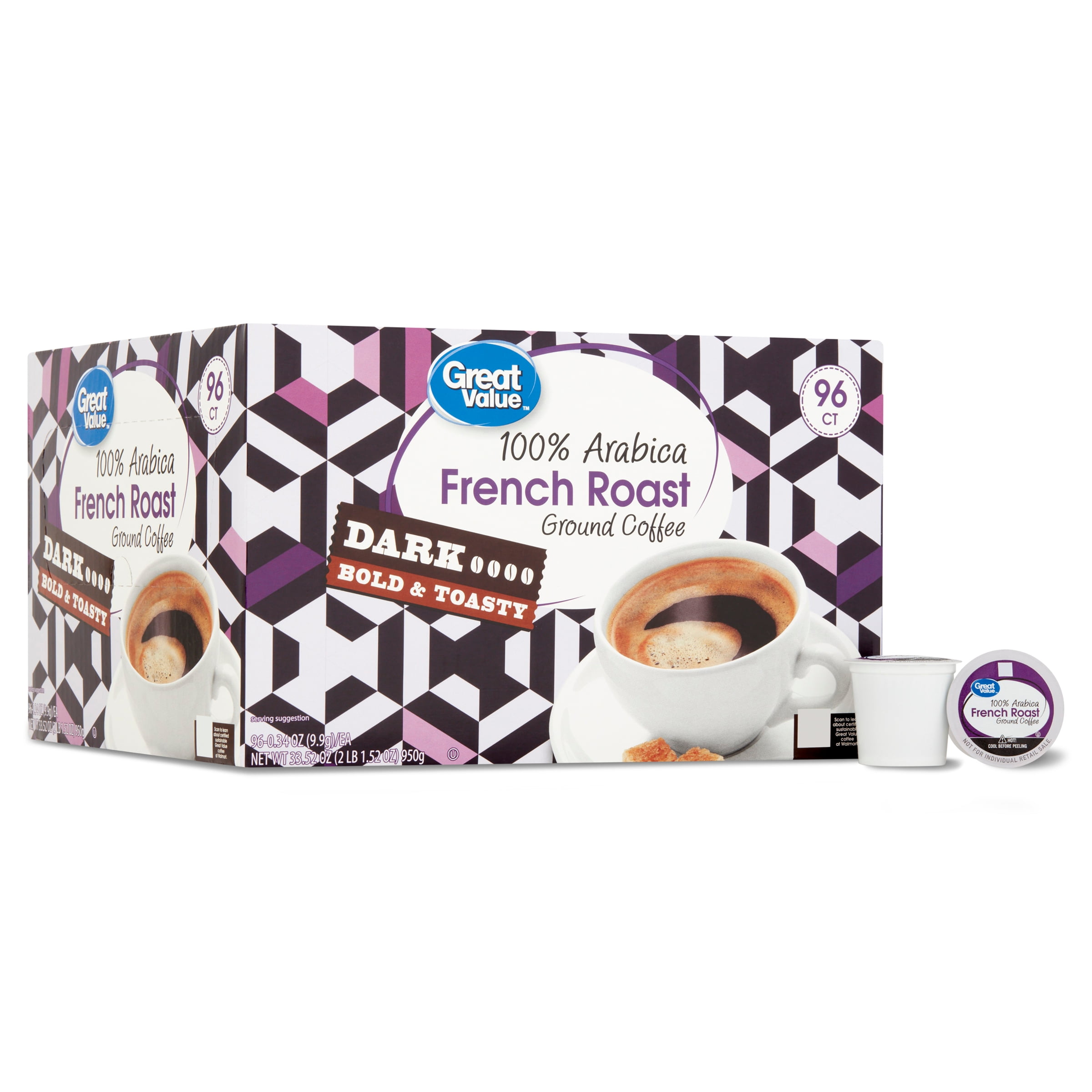Great Value 100% Arabica French Dark Roast Ground Coffee Pods, 96 Count