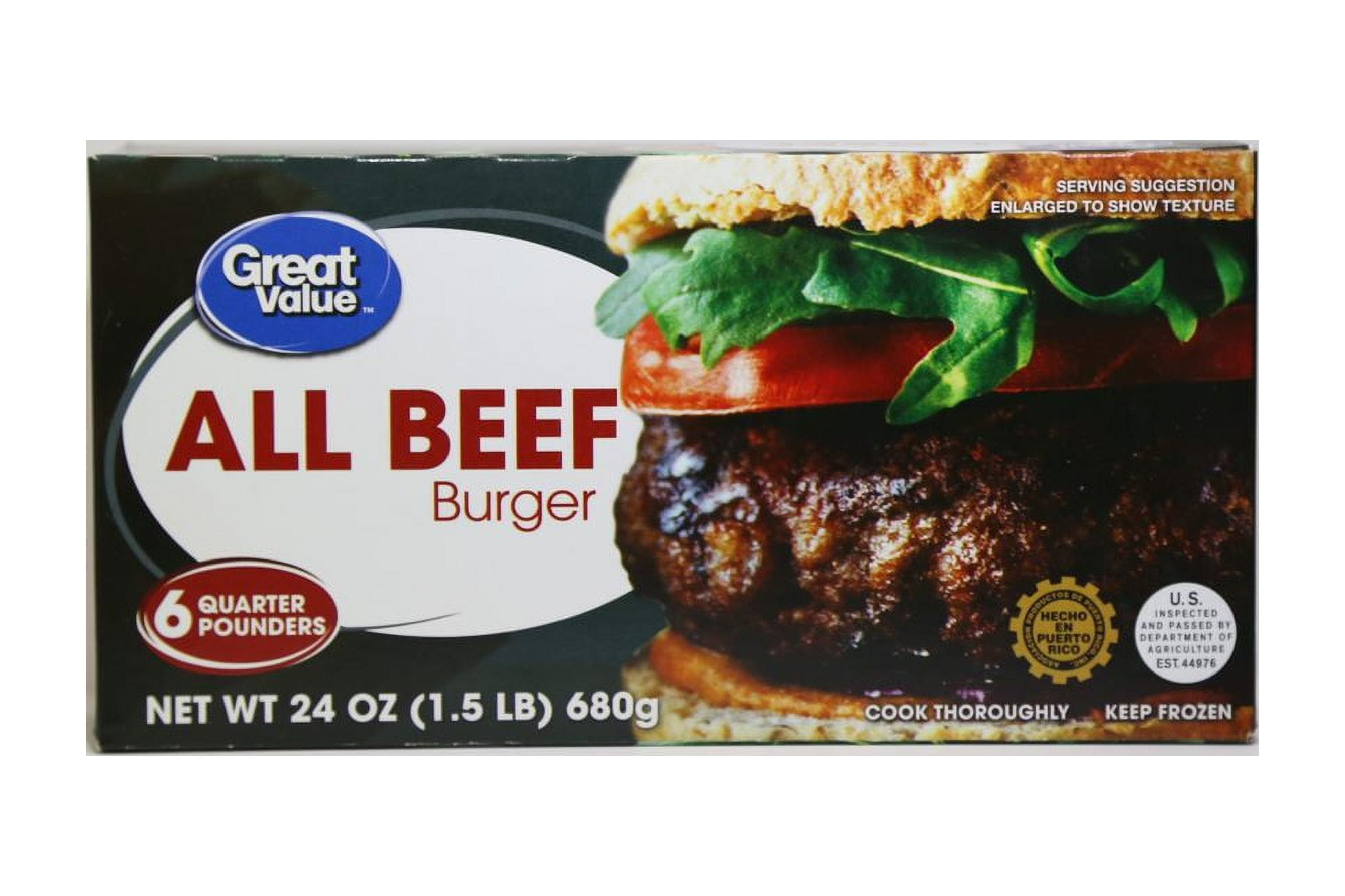 Great Value 100 Beef Patties, 1.5lb, 6 count