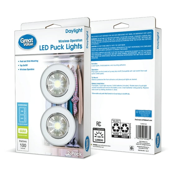 Great Value 100 Lumens Wireless LED Puck Lights – 2 Pack