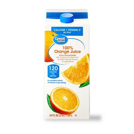 Great Value 100% Orange Juice from Concentrate, No Pulp, Calcium, and Vitamin D, 64 fl oz