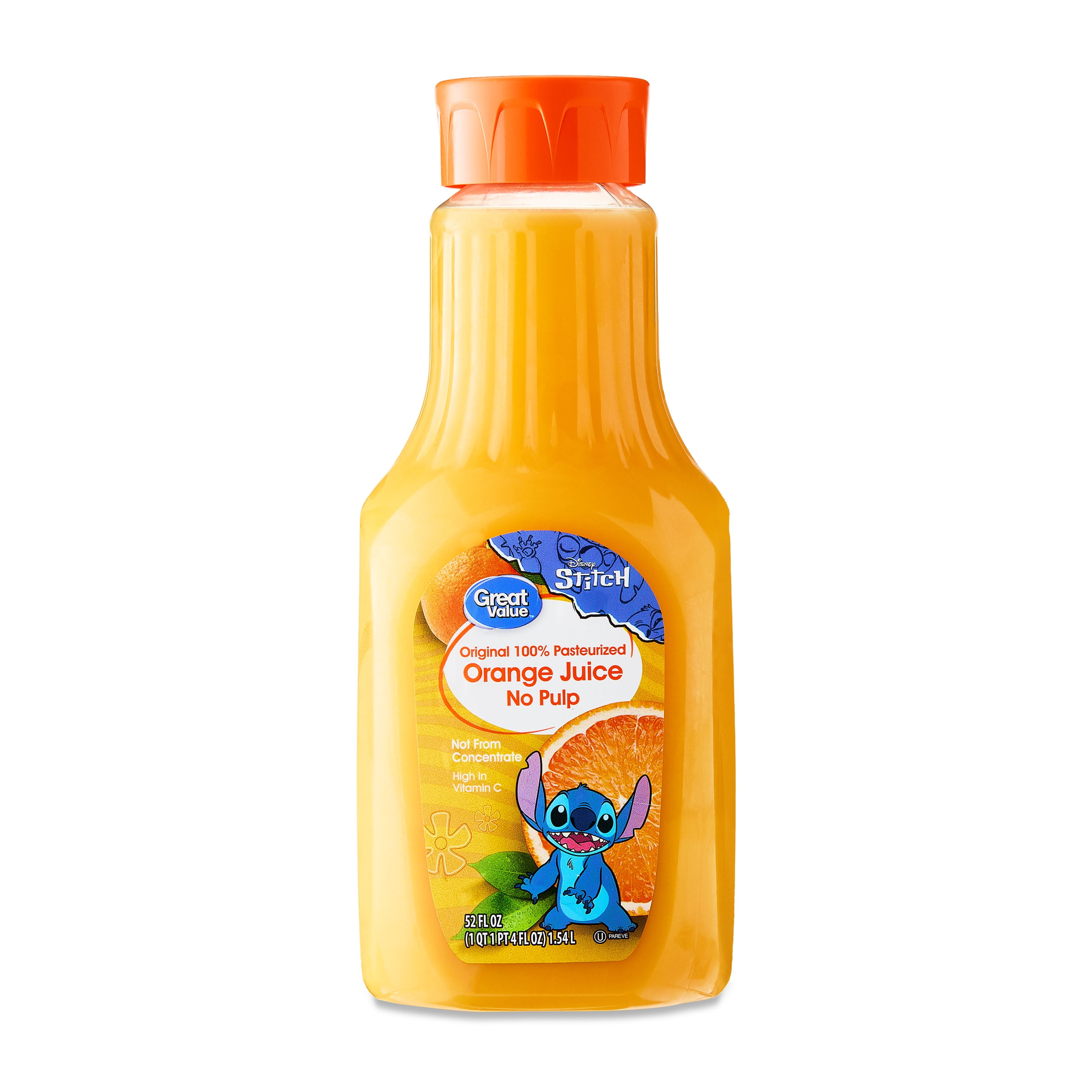 Great Value 100% Pasteurized Orange Juice with No Pulp, Featuring Stitch, 52 fl oz