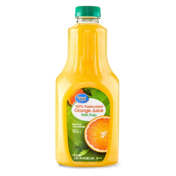Great Value 100% Pasteurized Orange Juice, Pulp, 52 fl oz