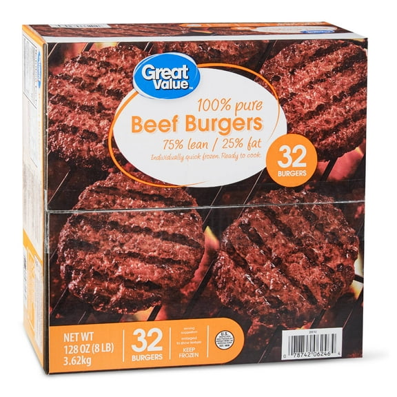 Great Value 100% Pure Beef Burgers, 75% Lean/25% Fat, 8 lbs, 32 Count (Frozen)