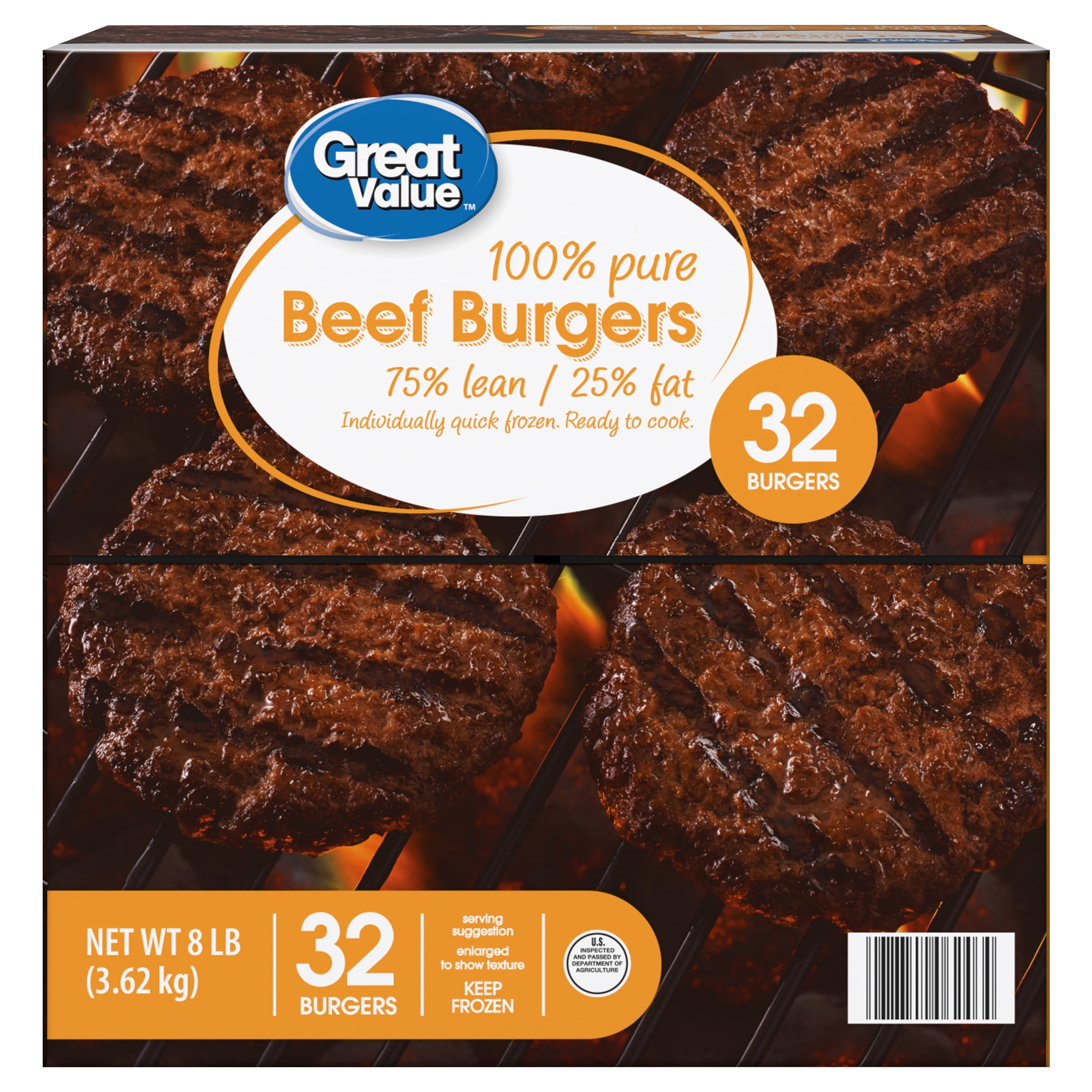 Great Value 100% Pure Beef Burgers, 1/4 LB, 75% Lean/25% Fat, 8 lbs, 32 Count, Frozen