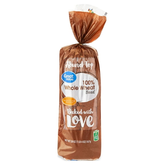 Great Value 100% Whole Wheat Round Top Bread, 20 oz