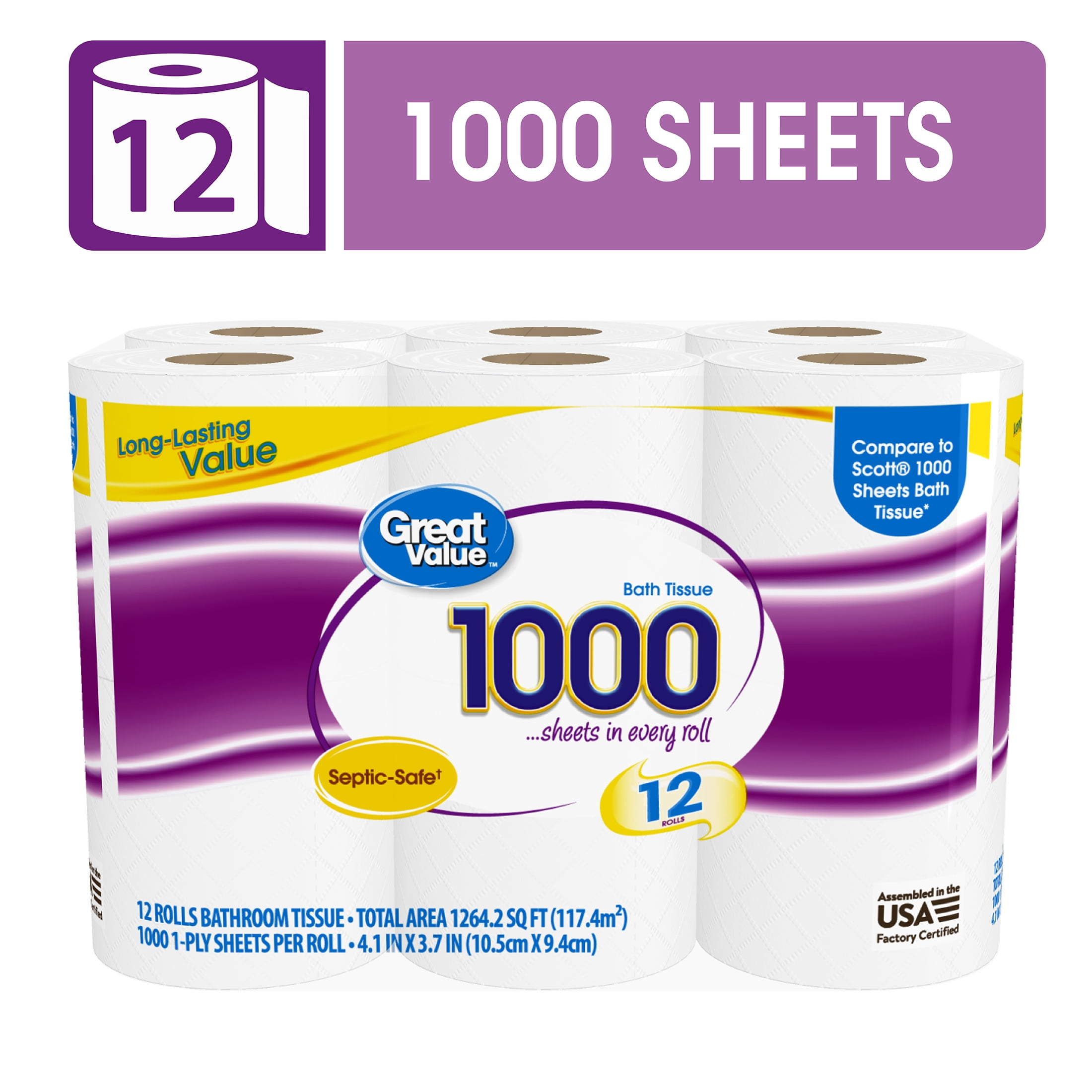 Great Value 1000 Sheets per Roll Toilet Paper, 12 Rolls
