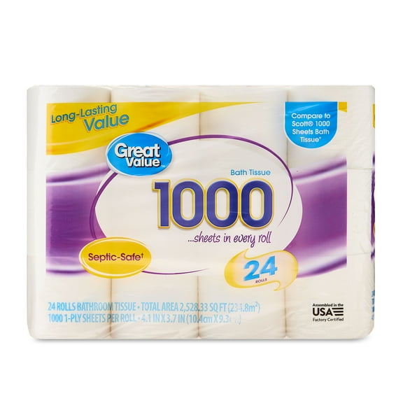 Great Value 1000 Sheets per Roll Toilet Paper, 24 Rolls