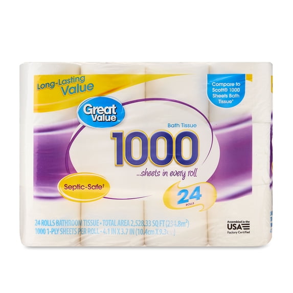 Great Value 1000 Sheets per Roll Toilet Paper, 24 Rolls