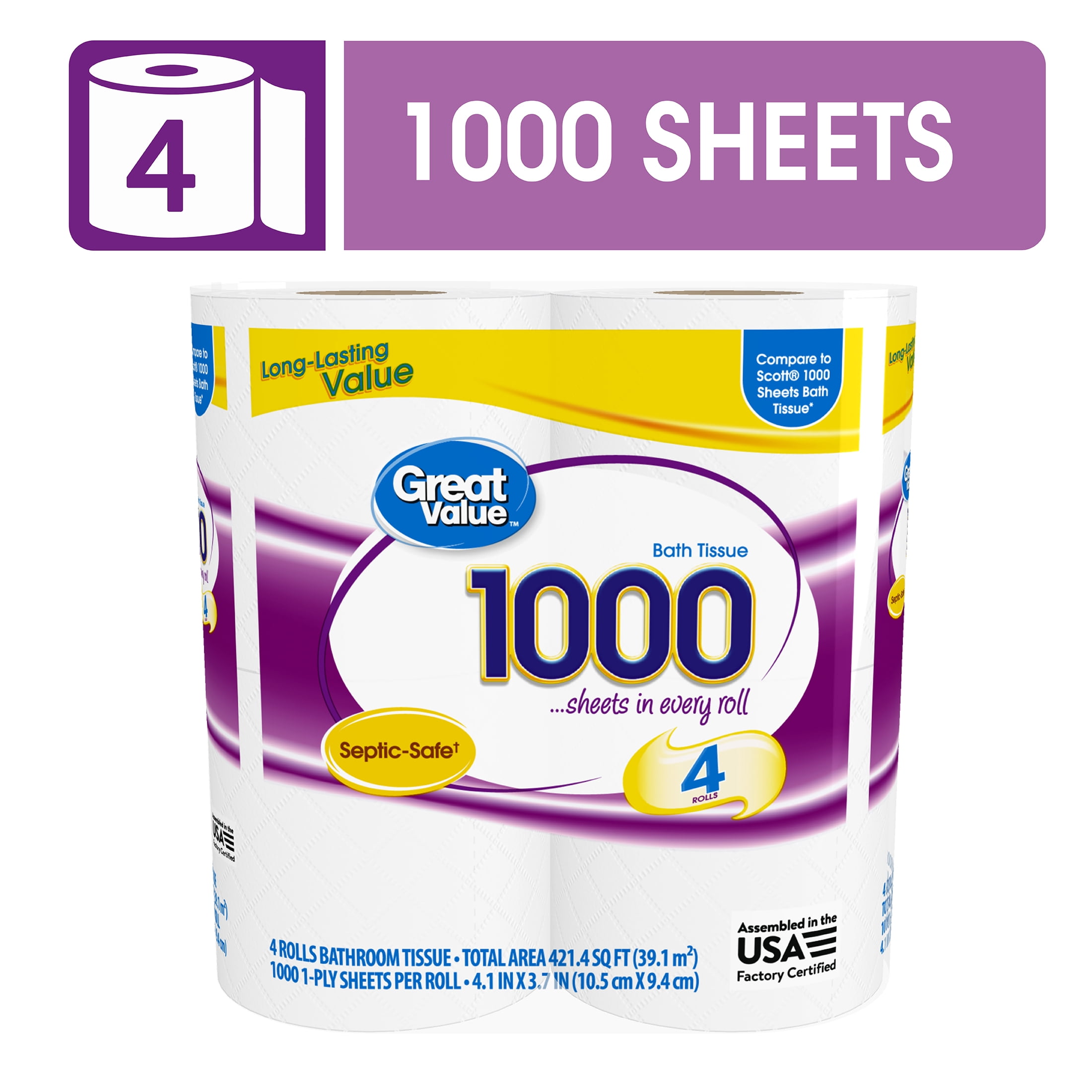 Great Value 1000 Sheets per Roll Toilet Paper, 4 Rolls