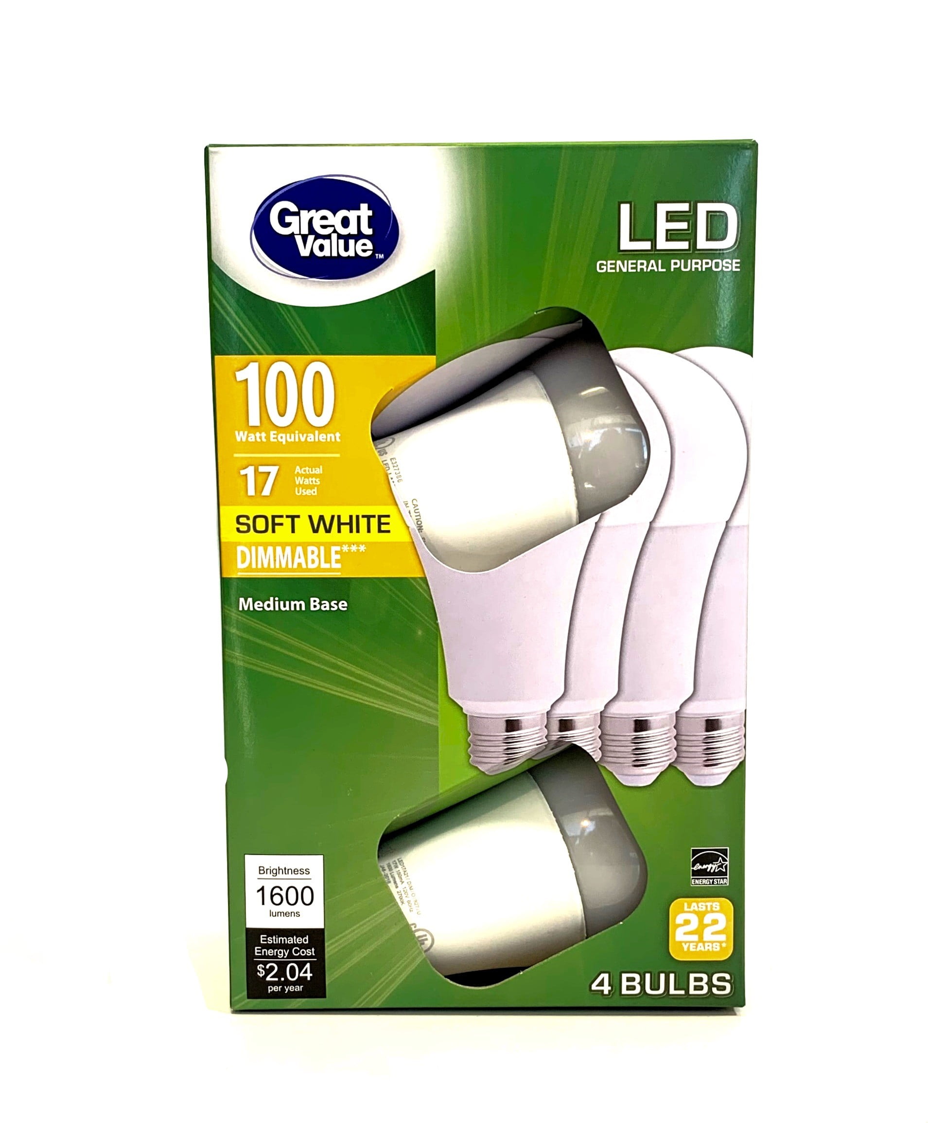 Great Value 100W Equivalent A21 LED Light Bulb, High CRI, Dimmable, Soft  White, For CA Residents, 4-Pack 