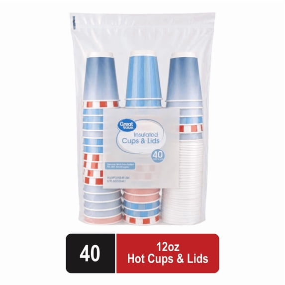 Great Value 12 oz Insulated Hot Cups with Lids, 40 Count