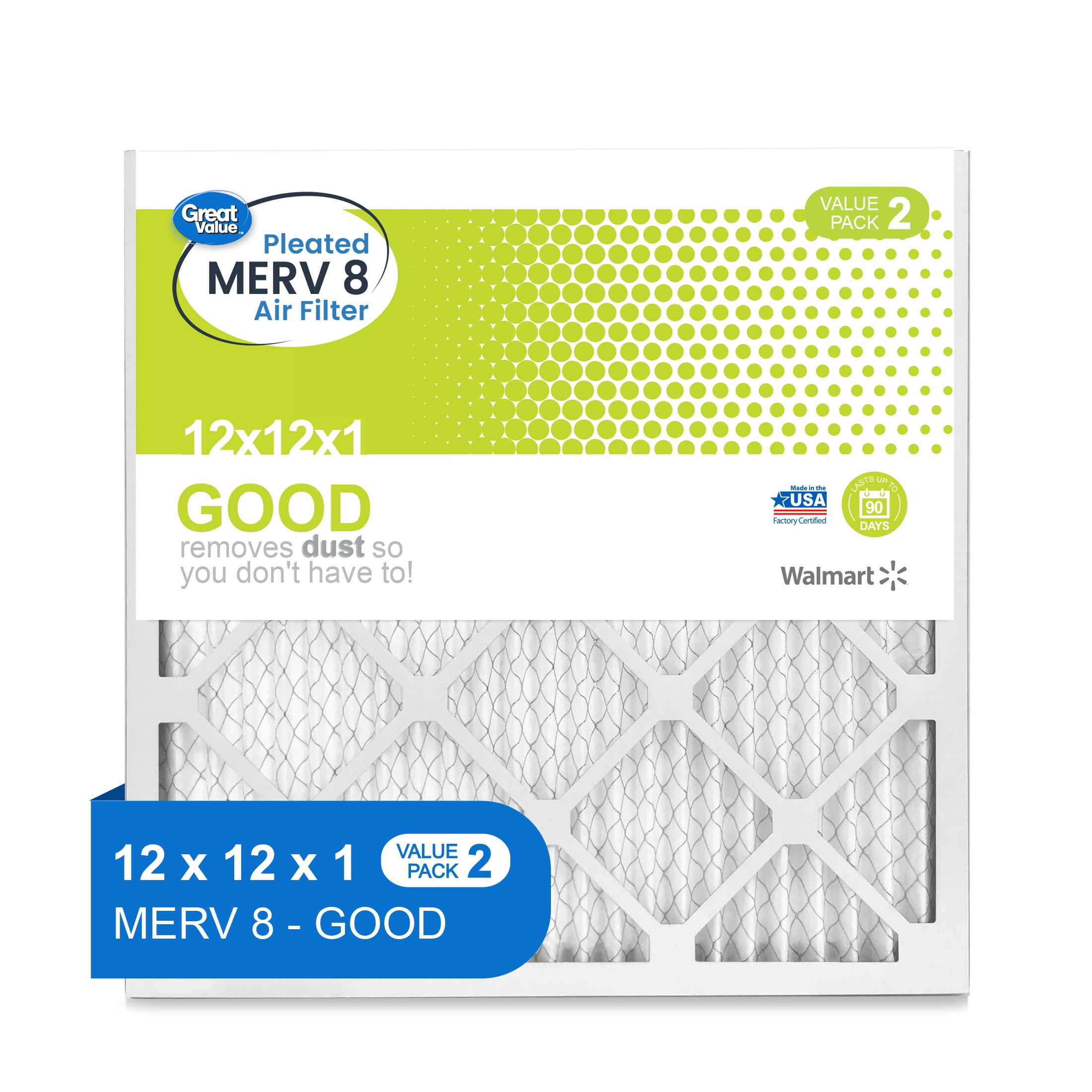 Great Value, 12x12x1, MERV 8 GOOD HVAC Air and Furnace Filter, Captures Dust, 2 Filters