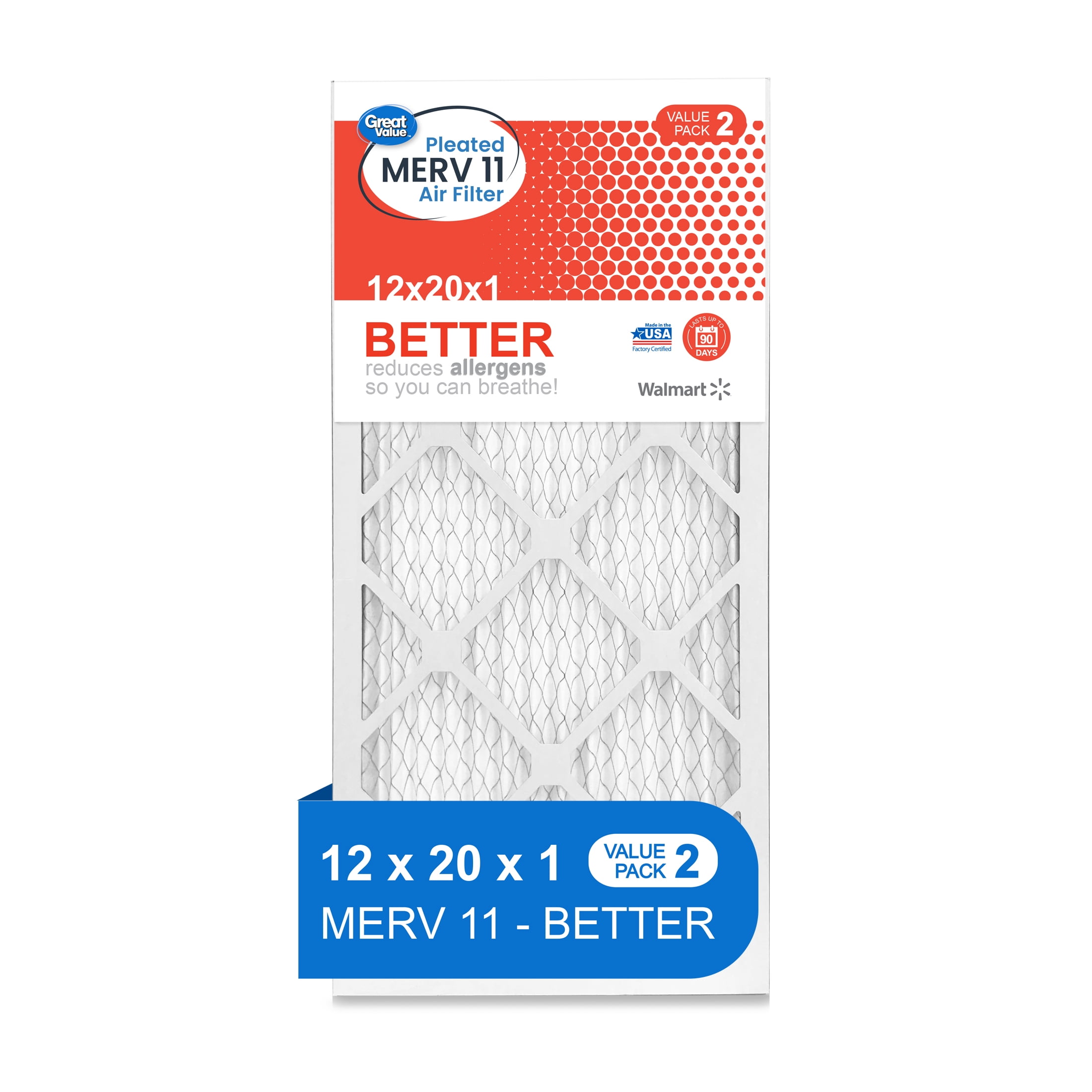 Great Value; 12x20x1; MERV 11 BETTER HVAC Air and Furnace Filter; Reduces Allergens; 2 Filters