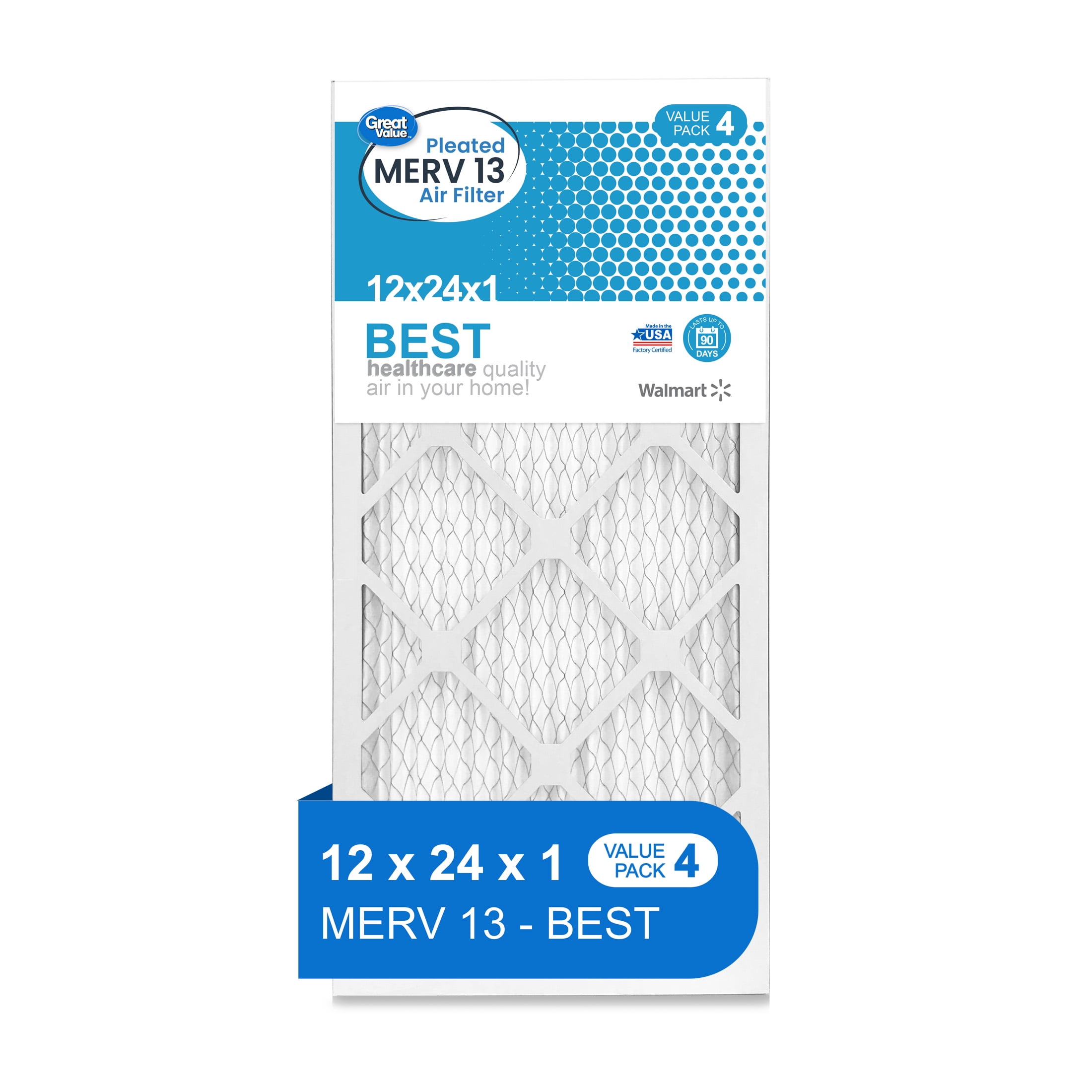 Great Value; 12x24x1; MERV 13 BEST HVAC Air and Furnace Filter; Captures Dust; 4 Filters
