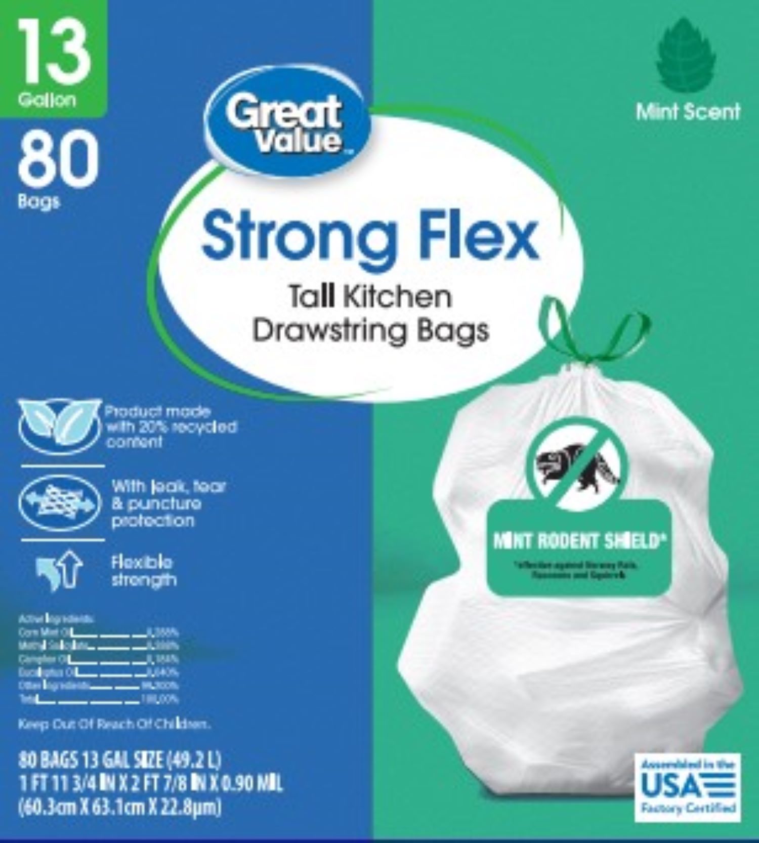 Great Value 13Gallon Drawstring Strong Flex Tall Kitchen Trash Bags