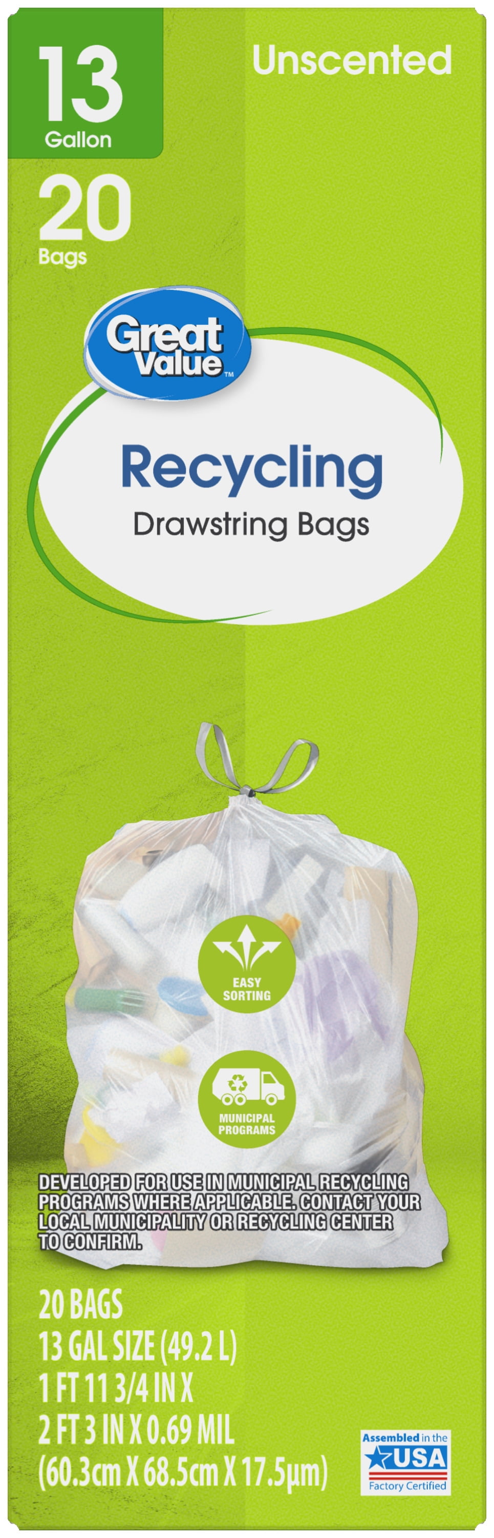 Great Value 13-Gallon Clear Drawstring Tall Kitchen Recycling Bags, Unscented, 20 Bags