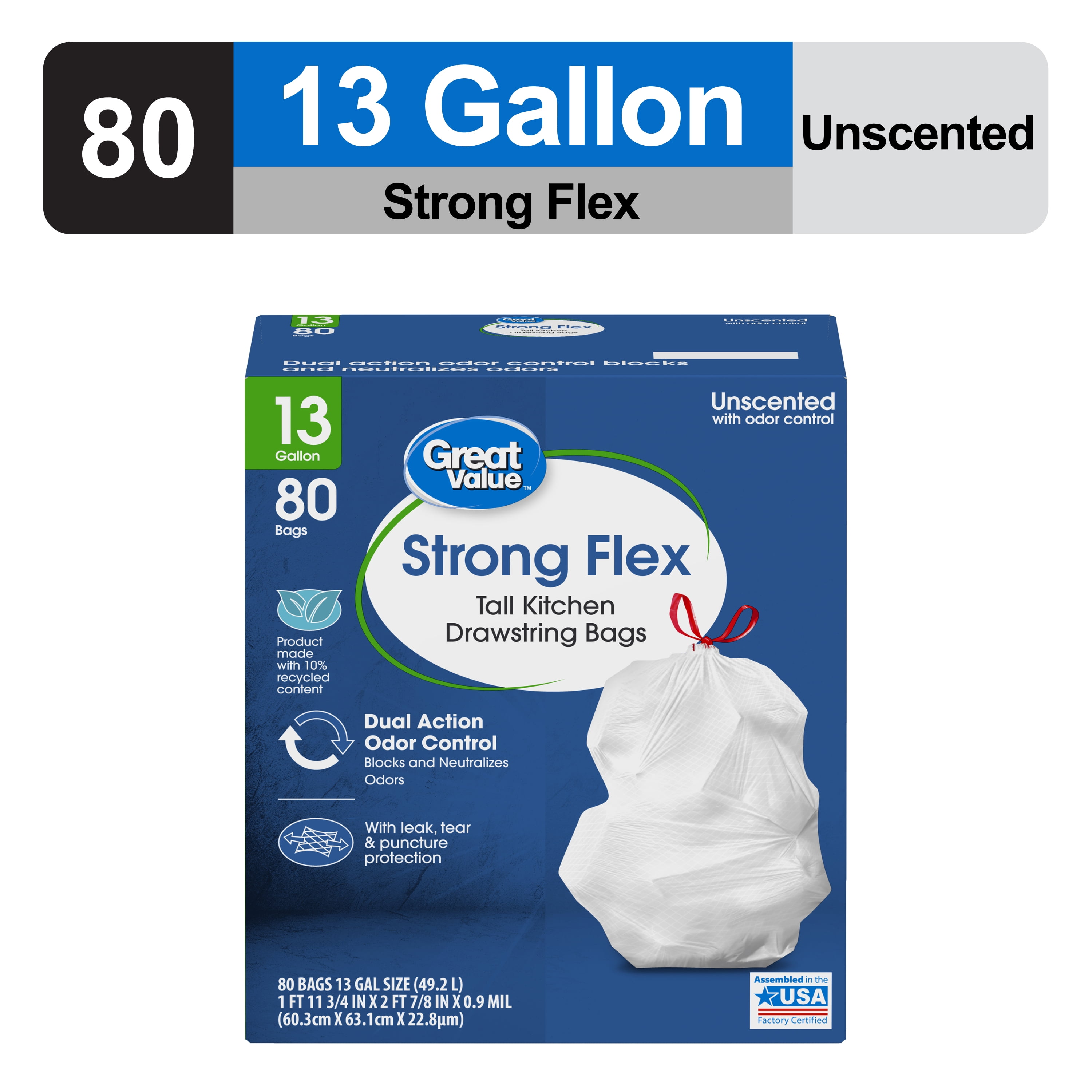 Great Value Strong Flex Tall Kitchen Drawstring Trash Bags, 13 gal, Unscented, 80 Bags