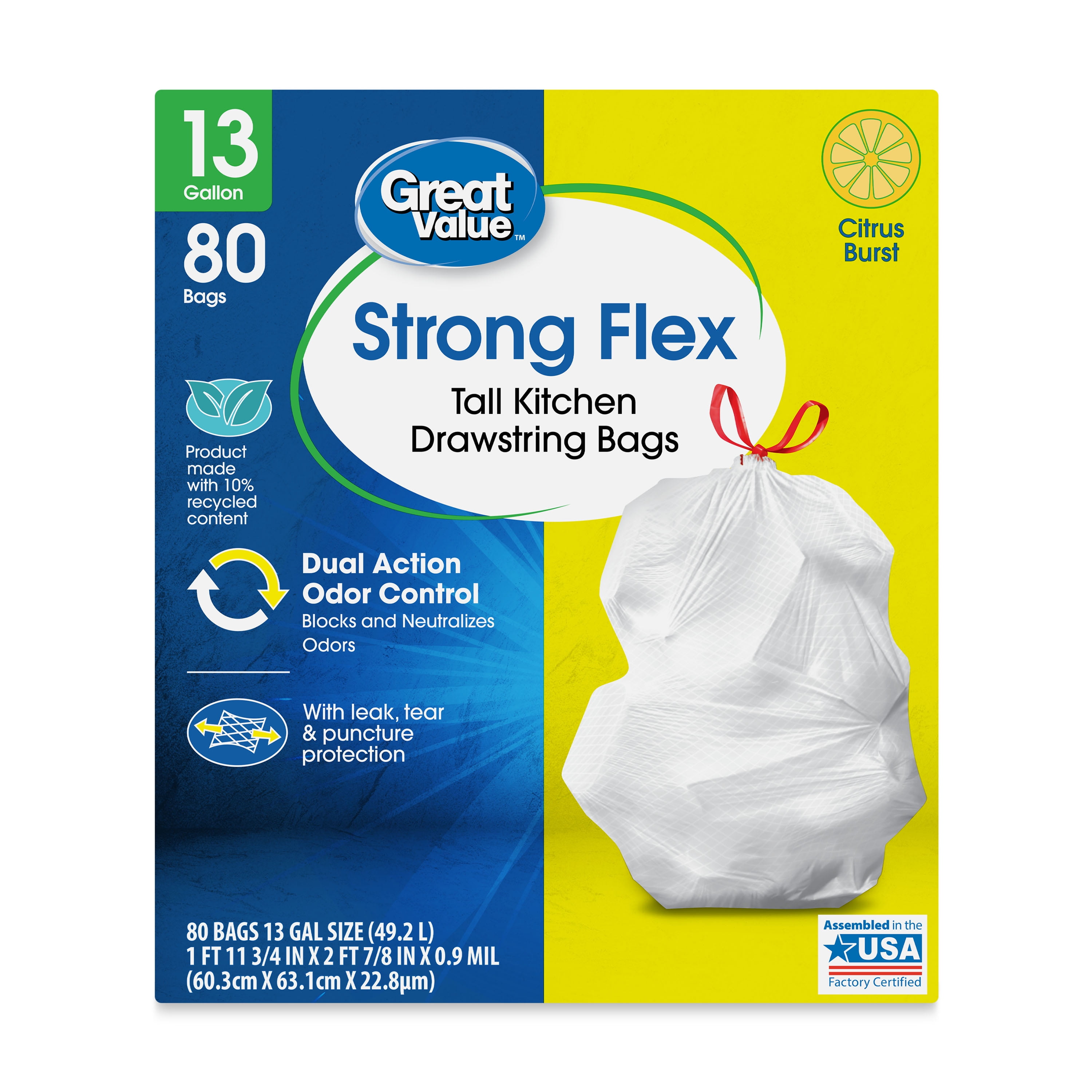 Great Value Strong Flex 13-Gallon Drawstring Tall Kitchen Trash Bags, Fresh Scent, 120 Bags