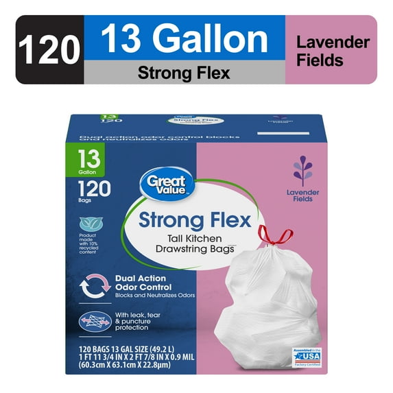 Great Value 13-Gallon Drawstring Strong Flex Tall Kitchen Trash Bags, Lavender Fields Scent, 120 Bags