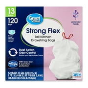 Great Value 13-Gallon Drawstring Strong Flex Tall Kitchen Trash Bags, Lavender Fields Scent, 120 Bags