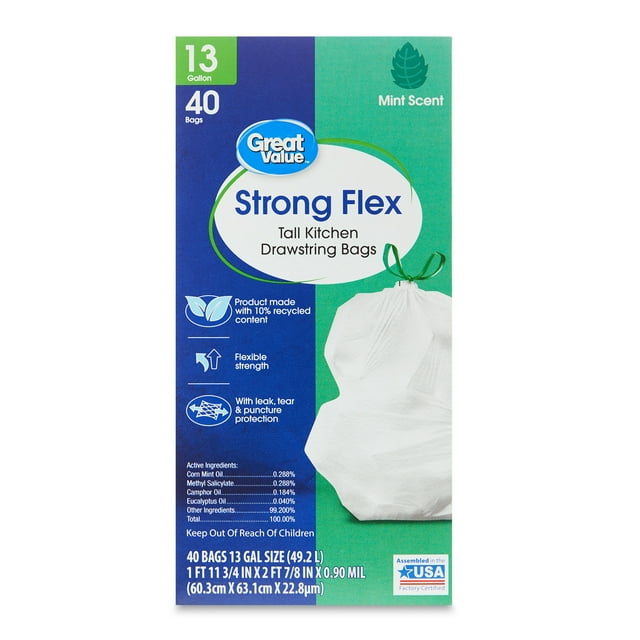 Great Value 13 Gallon Drawstring Strong Flex Tall Kitchen Trash Bags