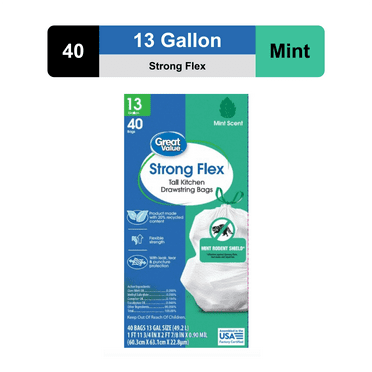 Great Value 13- Gallon Drawstring Strong Flex Tall Kitchen Trash Bags, Mint Scent, 40 Bags