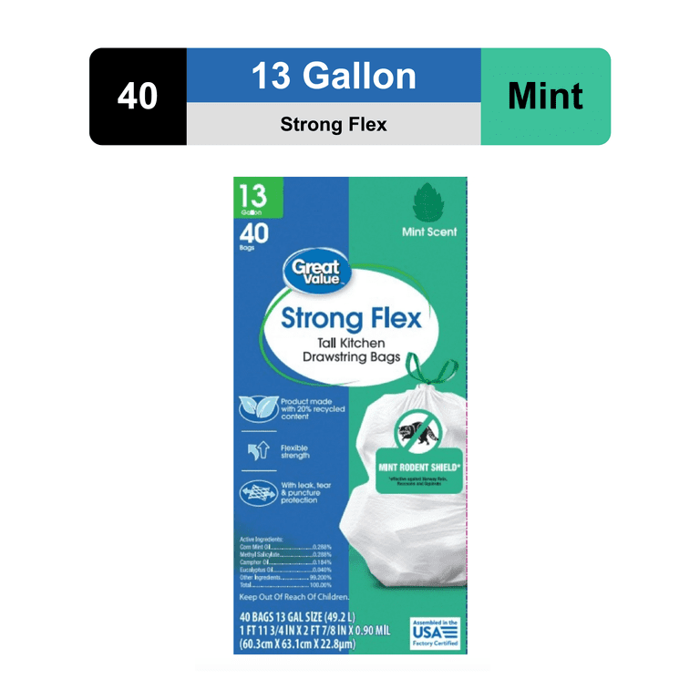 Great Value 13-Gallon Tall Kitchen Drawstring Trash Bags with Mint