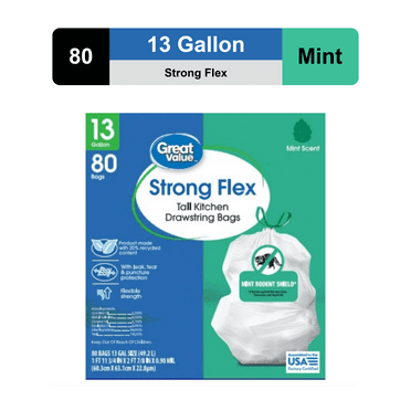 Great Value 13-Gallon Drawstring Strong Flex Tall Kitchen Trash Bags, Mint Scent, 80 Bags