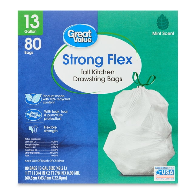 Great Value 13Gallon Drawstring Strong Flex Tall Kitchen Trash Bags