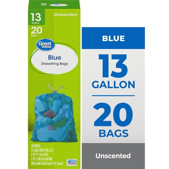 Great Value 13-Gallon Drawstring Tall Kitchen Bags, 20 Bags