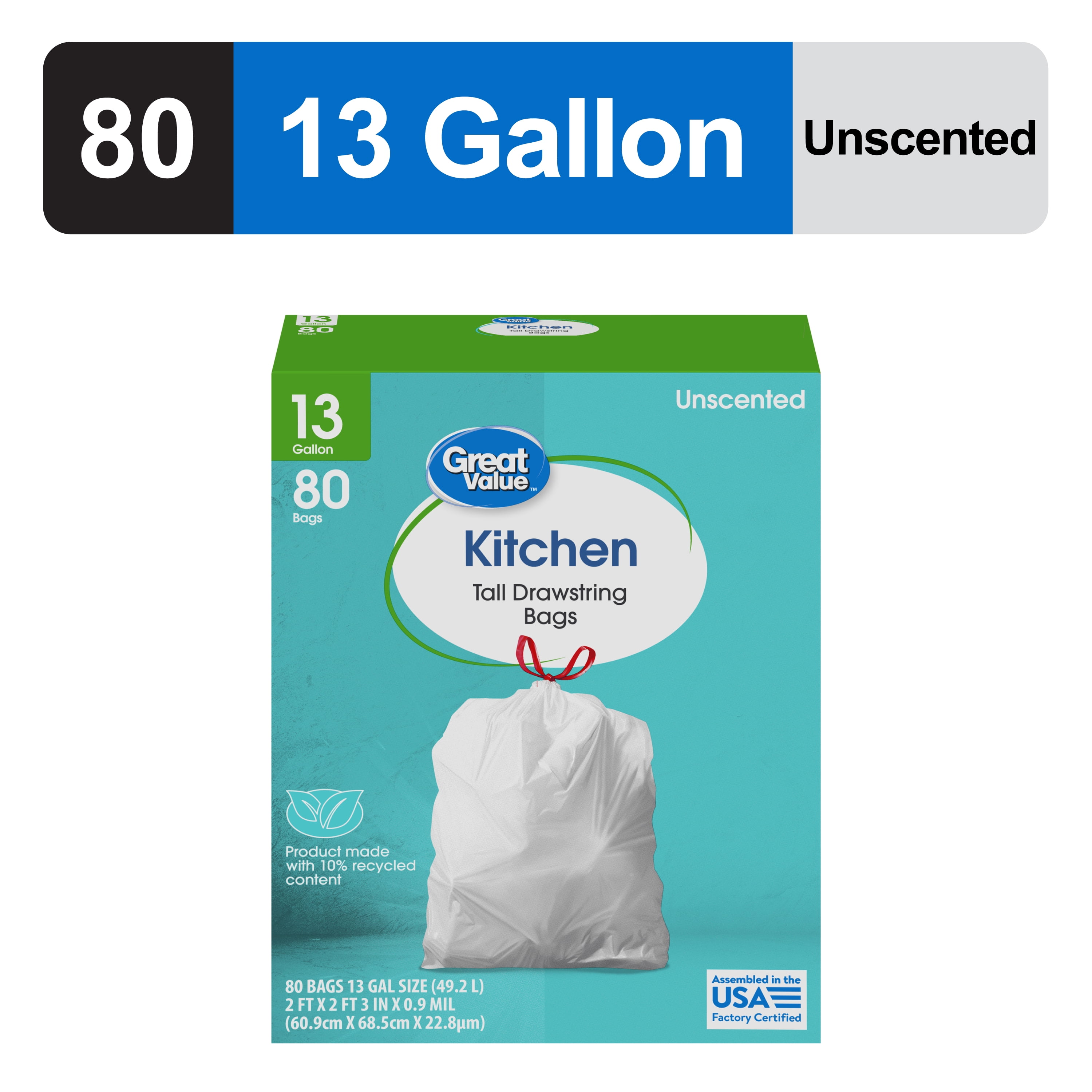 Great Value 13-Gallon Drawstring Tall Kitchen Bags, 80 Bags