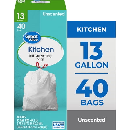 Great Value 13-Gallon Drawstring Tall Kitchen Trash Bags, Unscented, 40 Bags
