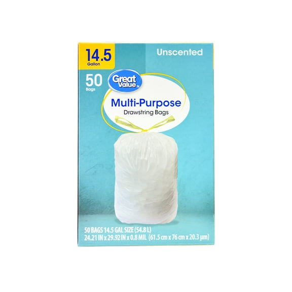 Great Value 14.5 Gallon Drawstring Trash Bag, Unscented, 50 Bags