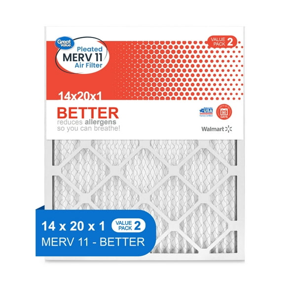 Great Value; 14x20x1; MERV 11 BETTER HVAC Air and Furnance Filter; Reduces Allergens; 2 Filters