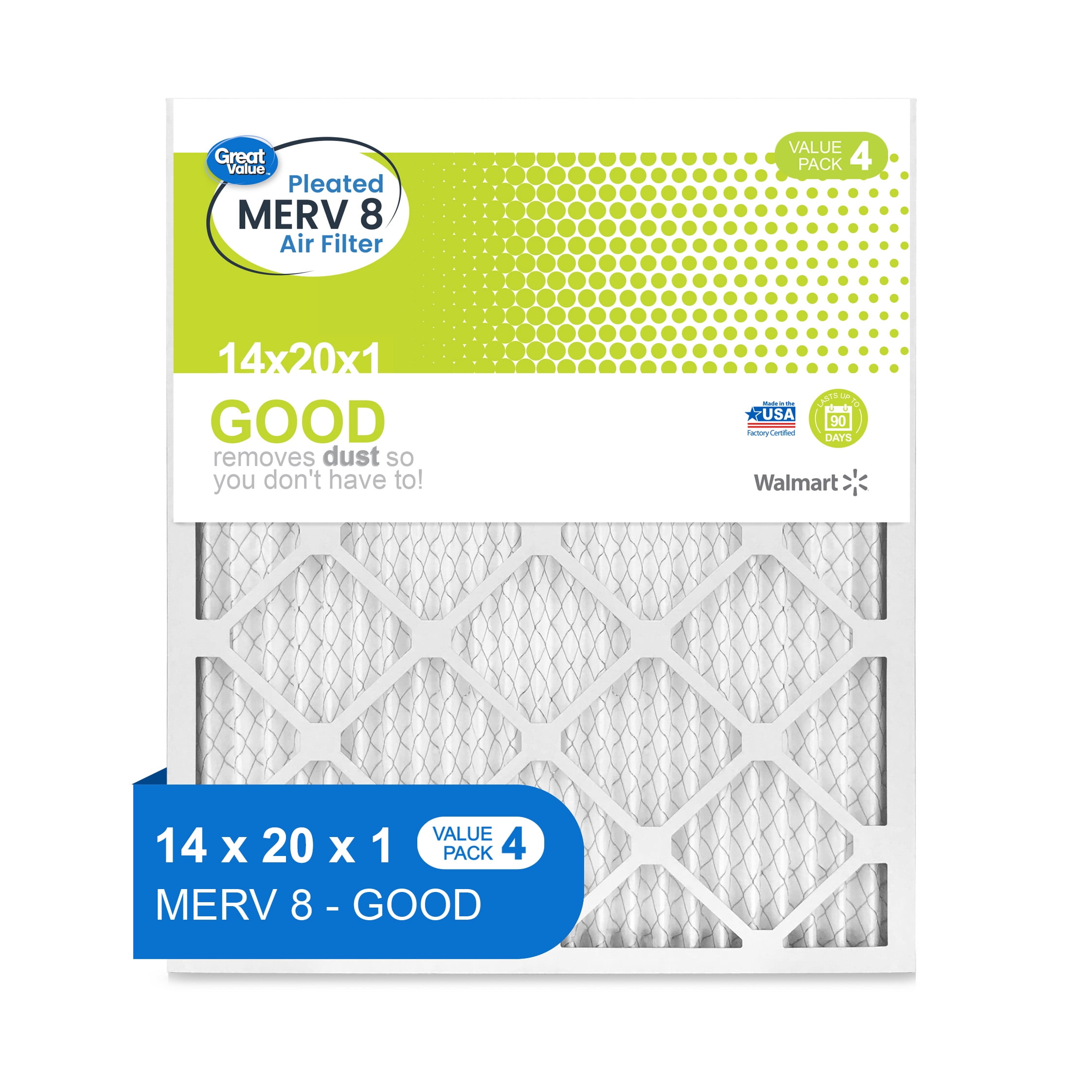 Great Value, 14x20x1, MERV 8 GOOD HVAC Air and Furnace Filter, Captures Dust, 4 Filters