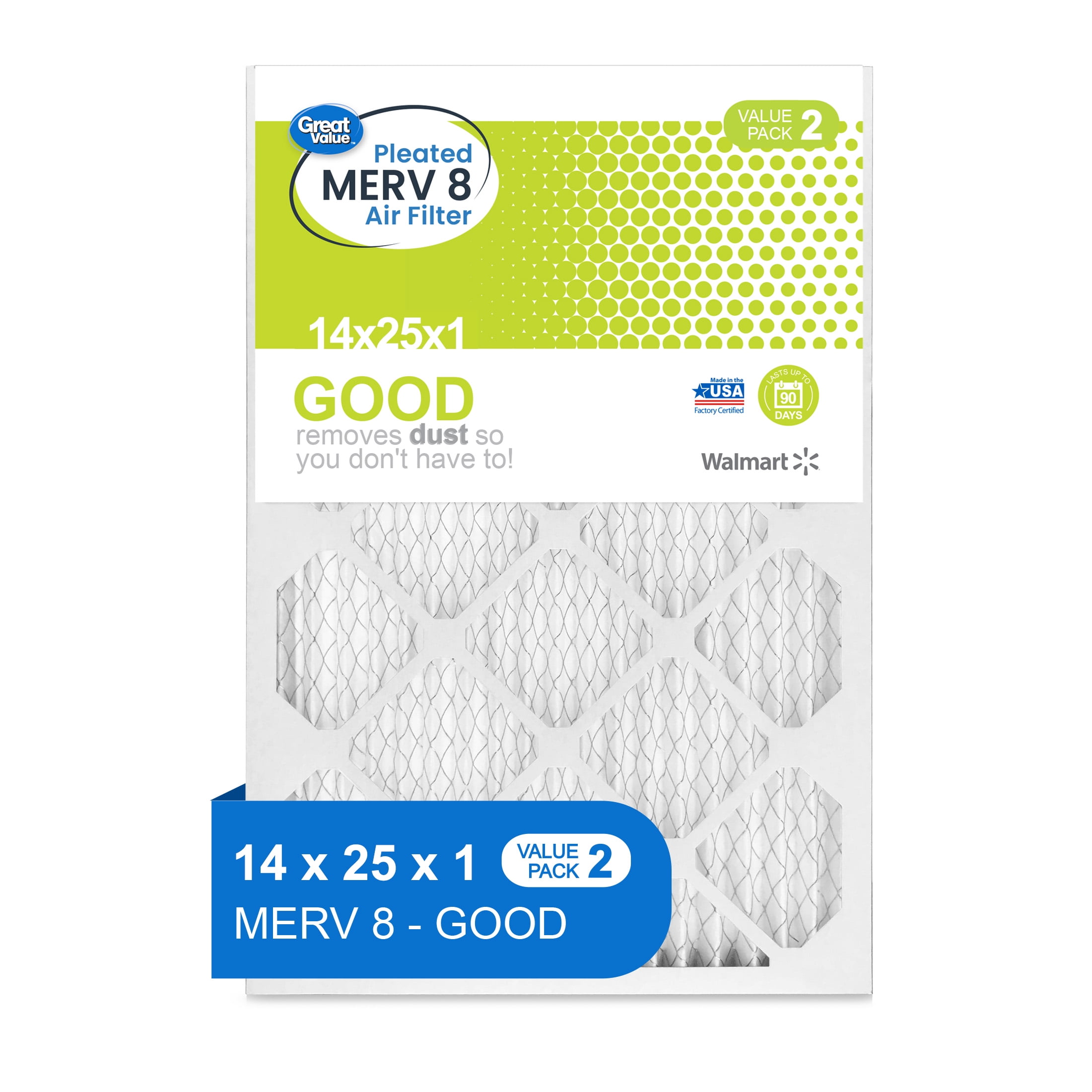 Great Value, 14x25x1, MERV 8 GOOD HVAC Air and Furnace Filter, Captures Dust, 2 Filters