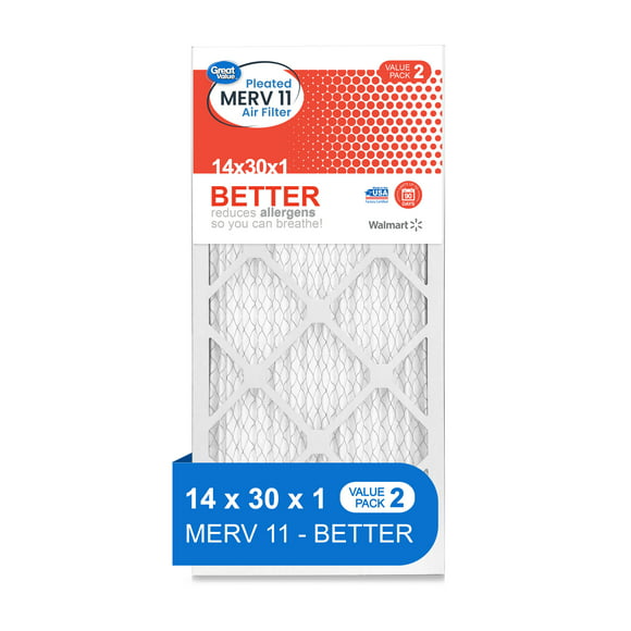 Great Value; 14x30x1; MERV 11 BETTER HVAC Air and Furnance Filter; Reduces Allergens; 2 Filters