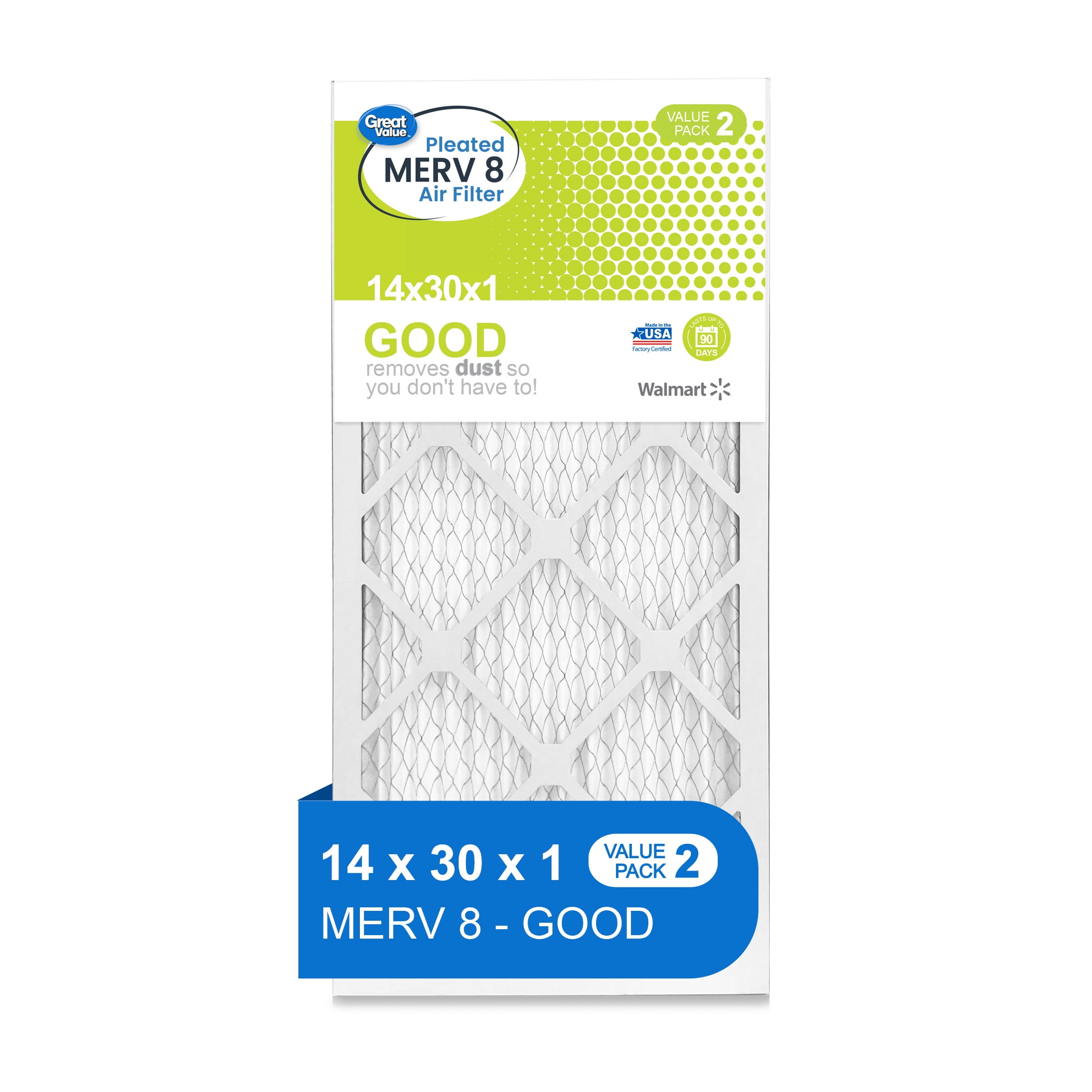 Great Value, 14x30x1, MERV 8 GOOD HVAC Air and Furnace Filter, Captures Dust, 2 Filters