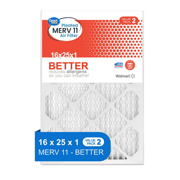 Great Value; 16x25x1; MERV 11 BETTER HVAC Air and Furnance Filter; Reduces Allergens; 2 Filters