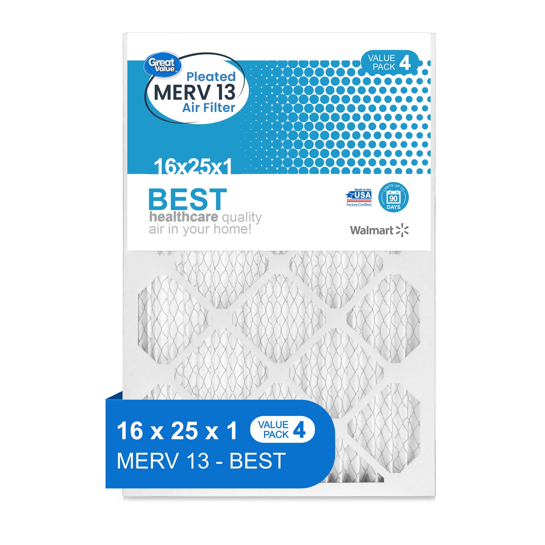 Great Value; 16x25x1; MERV 13 BEST HVAC Air and Furnace Filter; Captures Dust; 4 Filters