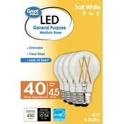 Great Value 18 Year LED Light Bulbs A19 40 Watts Equivalent, E26, Dimmable, Soft White, Clear Glass, 4 Pack