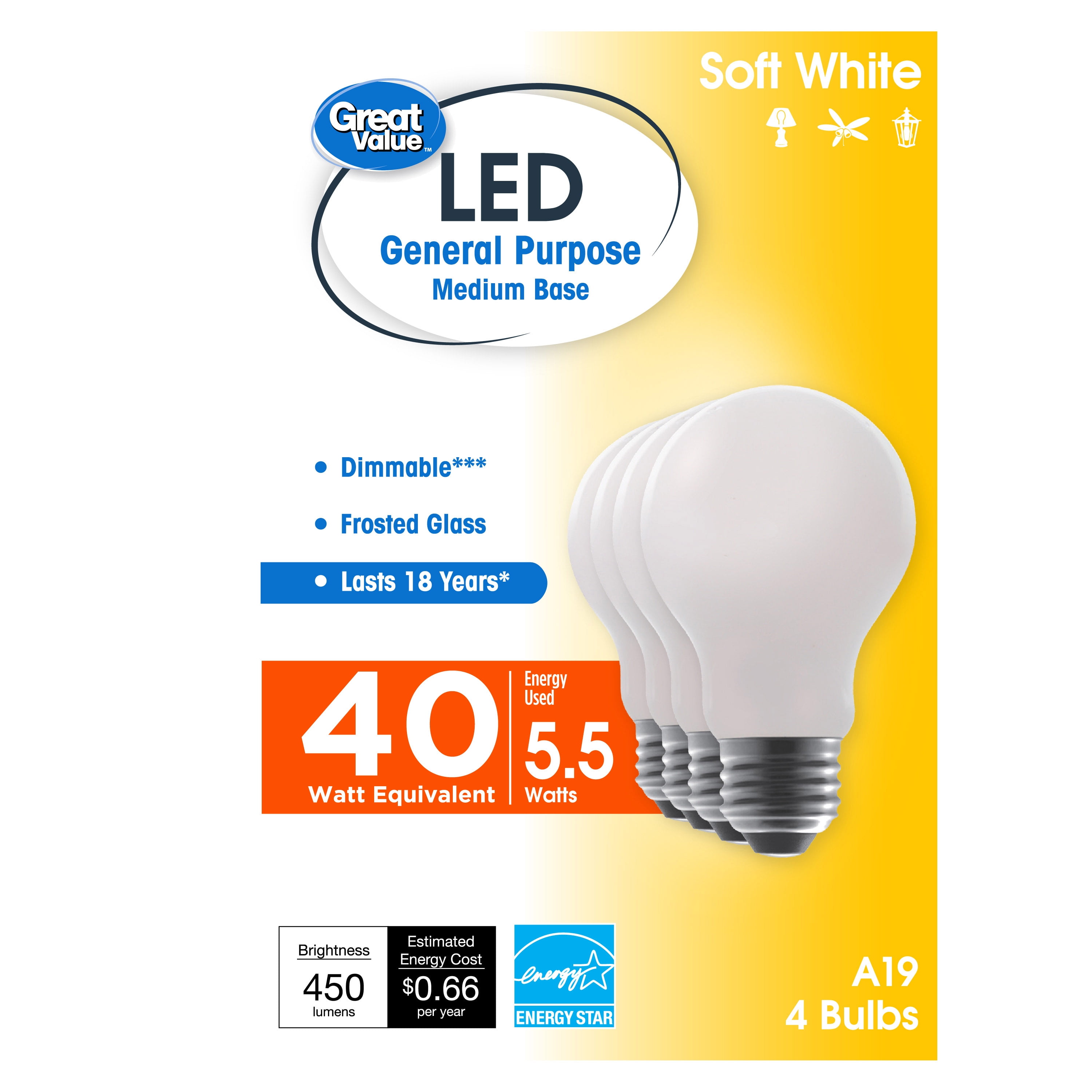 Great Value 18 Year LED Light Bulbs A19 40 Watts Equivalent, E26, Dimmable Soft White Frost Glass, 4 Pack