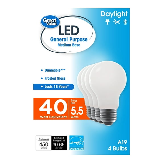 Great Value 18 Year LED Light Bulbs, A19 40 Watts Eqv, E26, Dim, Daylight Frosted Glass, 4 Pack