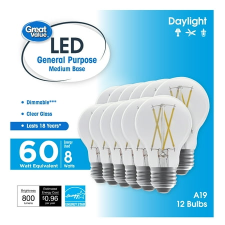 Great Value 18 Year LED Light Bulbs, A19 60 Watts Equivalent, E26, Dim, Daylight Clear Glass, 12 Pk
