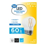 Great Value 18 Year LED Light Bulbs, A19 60 Watts Equivalent, E26, Soft White Clear, Glass, 4 Pack