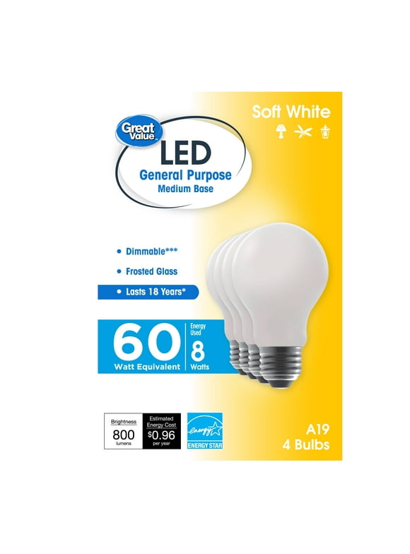 Great Value 18 Year LED Light Bulbs, A19 60 Watts Eqv, E26, Dim, Soft White, Frosted Glass, 4 Pack