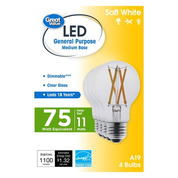 Great Value 18 Year LED Light Bulbs A19 75 Watts Equivalent, E26, Dimmable, Soft White, Clear Glass, 4 Pack